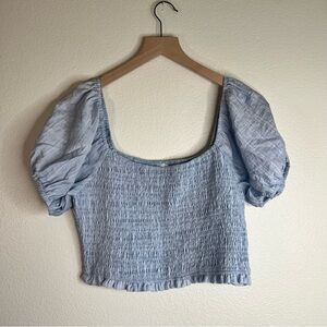 Mahina Light Blue Puff Sleeve Smocked Top Large